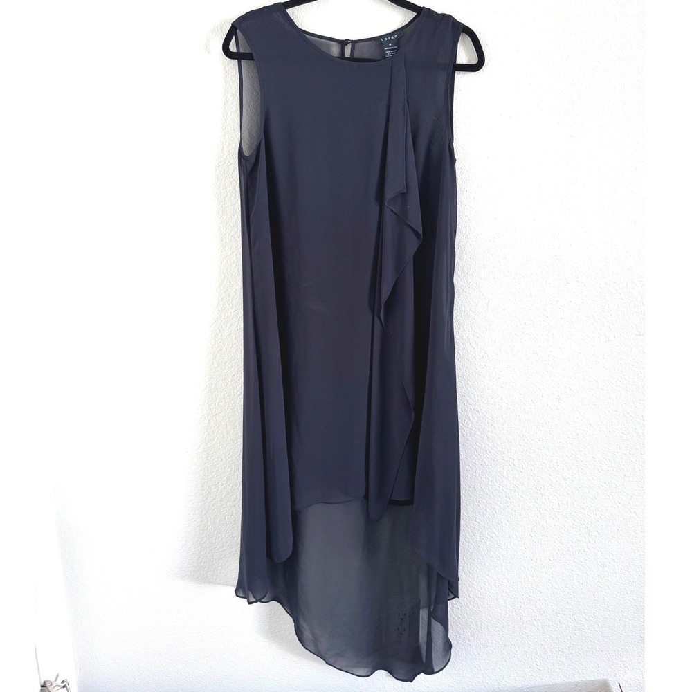 NWT Loren Neiman Marcus M Navy Blue Chiffon Ruffle High-Low Sleeveless Tunic